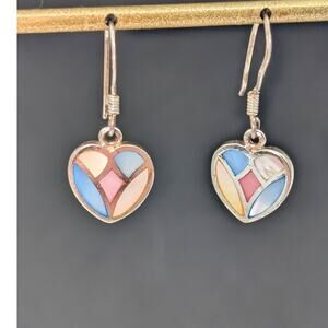VTG 925 Sterling Silver Multi-Color Mother of Pearl Inlay Heart Dangle Earrings